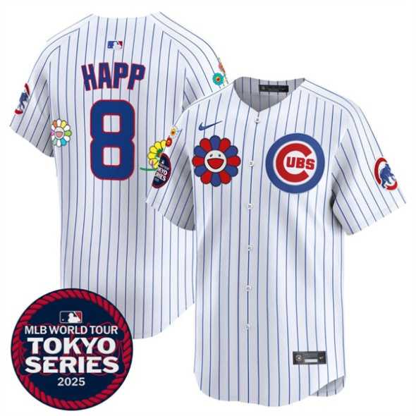 Men%27s Chicago Cubs #8 Ian Happ White 2025 Tokyo Series Limited Stitched Jersey Dzhi->chicago cubs->MLB Jersey